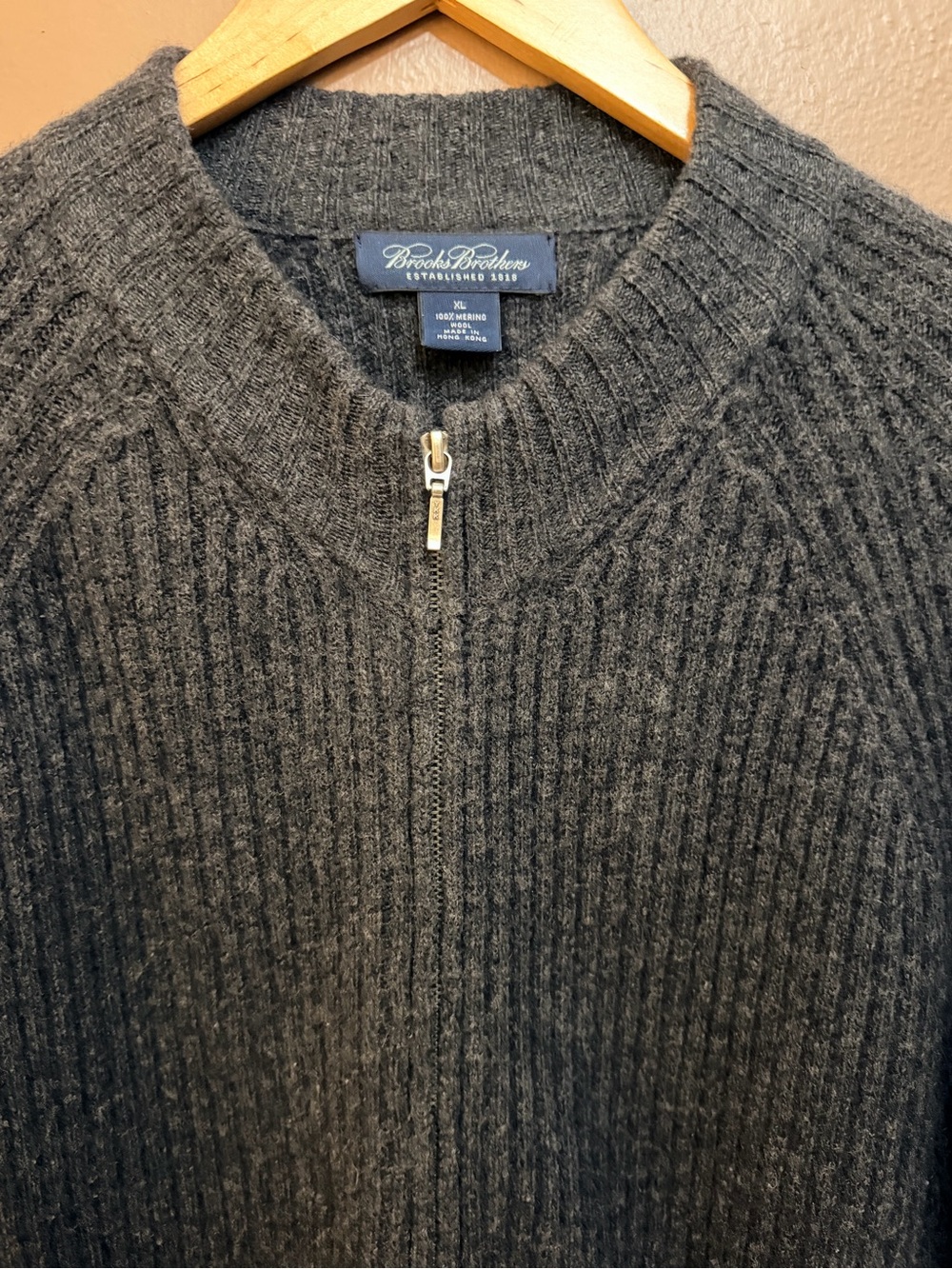 Brooks Brothers Men's Sweater XL Gray merino Wool Rib Full Zip Side Pockets SOFT
